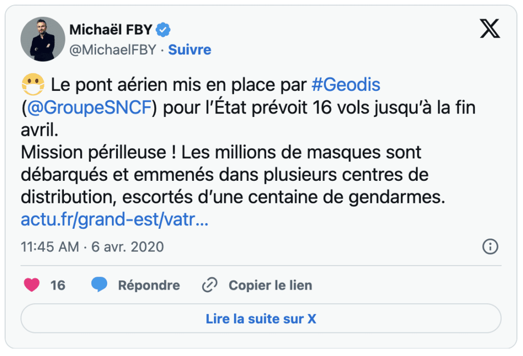 Tweet MichaelFBY Geodis Masques Covid 19 Groupe SNCF, Réseaux sociaux